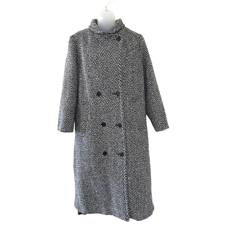 Vintage 80s British Lion Wool Trench Coat Black/White Womens Size 8 Herringbone - Picture 1 of 16